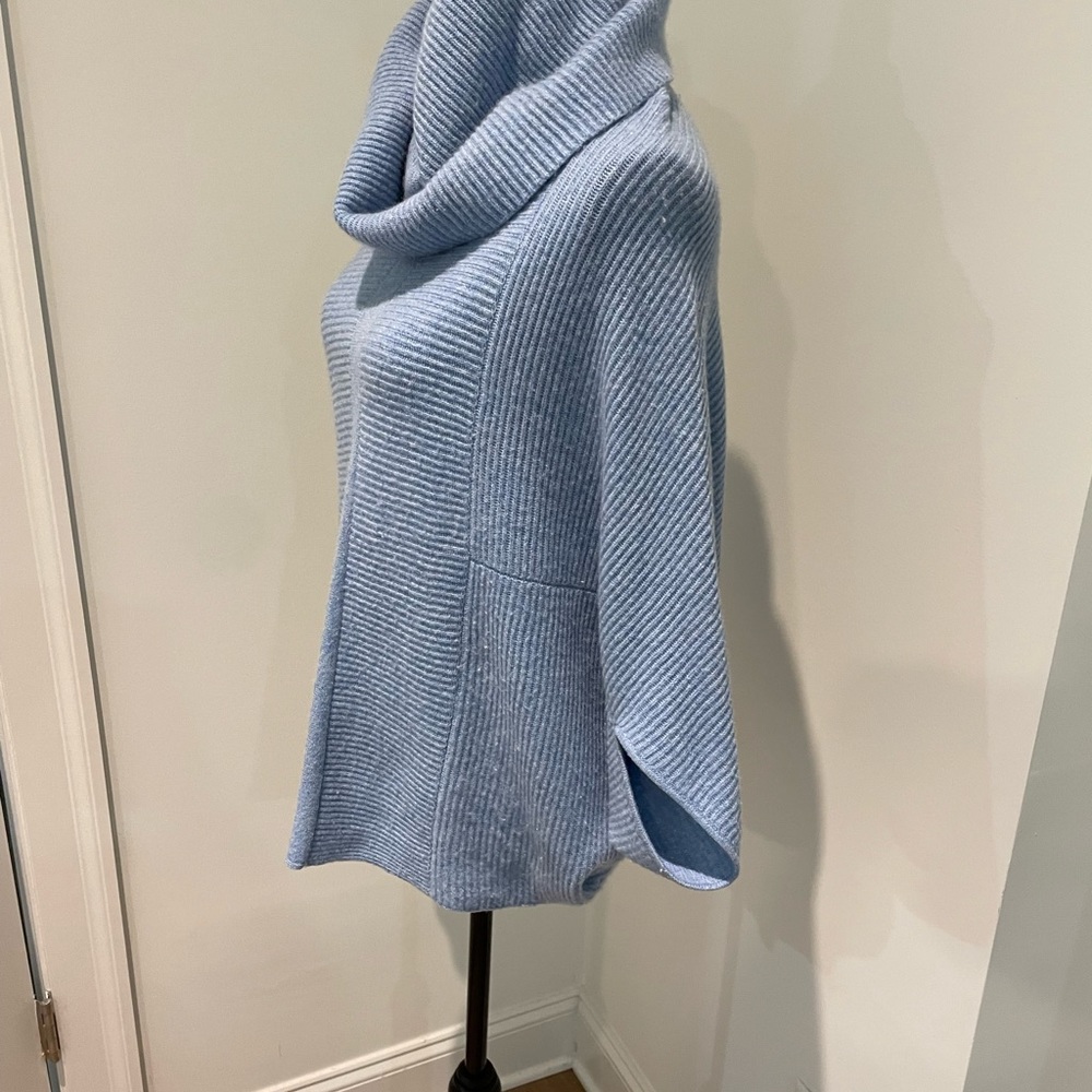 100% Cashmere Cowl Neck Ribbed Knit Poncho Sweater - Light Blue - Picture 4 of 6